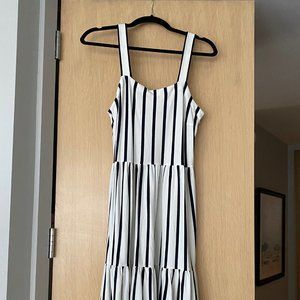 White and Navy Striped Midi Dress